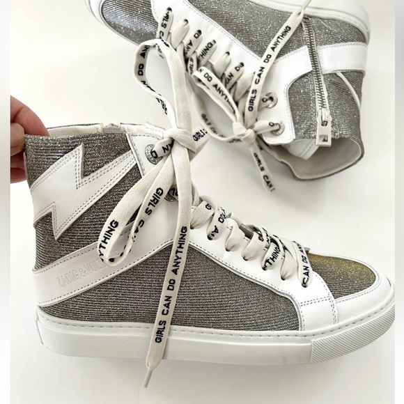 Zadig & Voltaire High Flash White Leather Glitter High Top Sneakers NIB Sz EU 37 - Picture 1 of 16